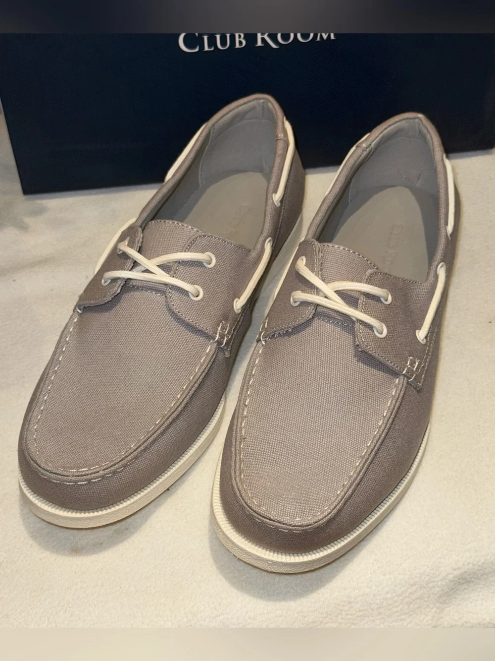 Club Room Taupe Canvas Men’s Boat Shoes with White Laces